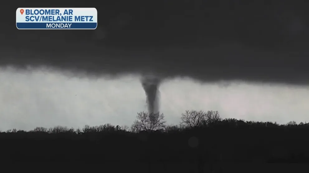 Watch as video captures a tornado spinning in Bloomer, Arkansas on Monday, April 11. 