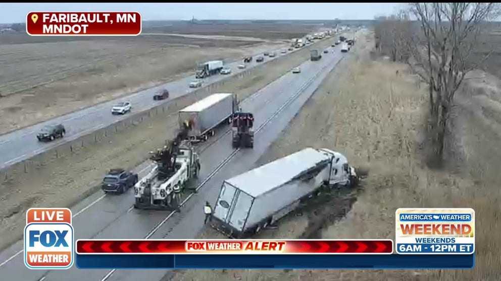 Officials report that at least 9 big rigs have been blown over on a stretch of I-35 south of Minneapolis. So far there have been no reports of injuries.