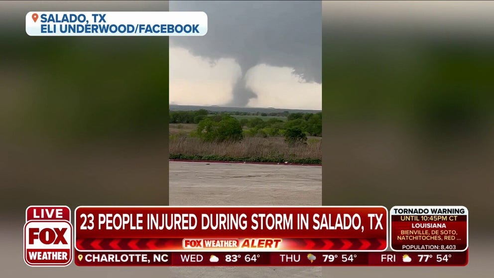 At least 23 people have been injured after a tornado ripped through Salado, Texas on Tuesday. 