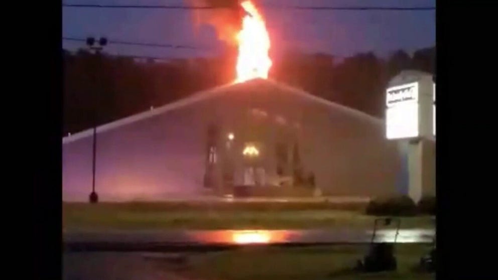 A church caught fire in Amory, Mississippi after an apparent lightning strike (Video from: Sharon Hughes)