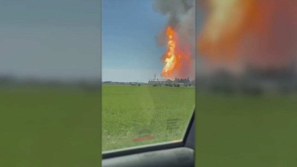 An explosion and fire at a gas factory injured two people and prompted evacuations near Haven, Kansas, on Thursday, April 14. 