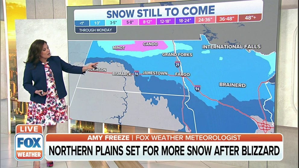 The Northern Plains is set for another round of snow after this week's blizzard. FOX Weather's Amy Freeze has the forecast. 