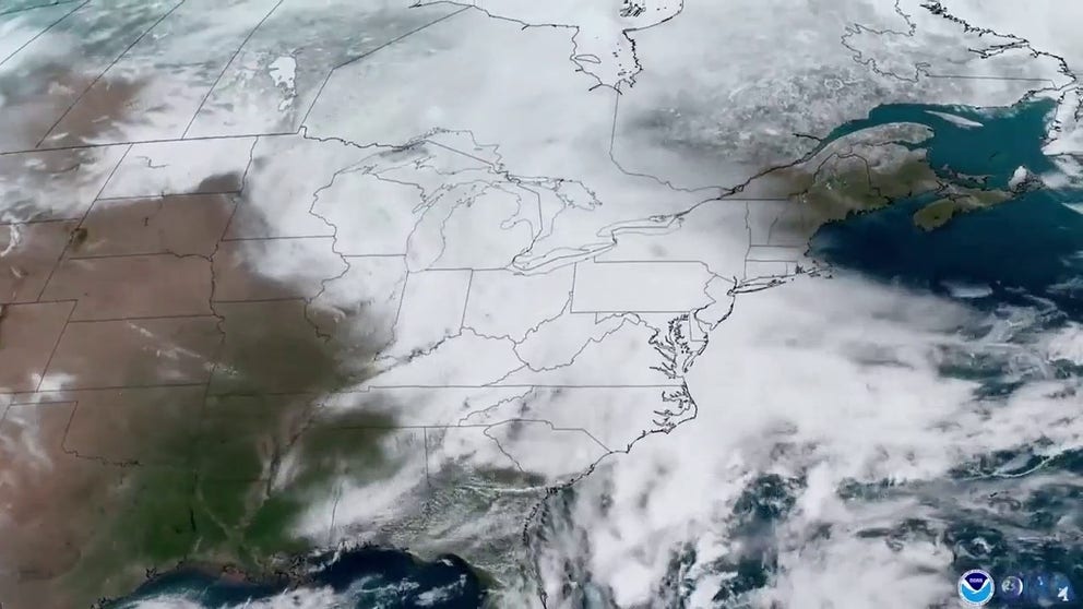 Satellite video from the National Oceanic and Atmospheric Administration shows the path of a powerful nor’easter that delivered heavy rain and snow to parts of the eastern United States since Monday.