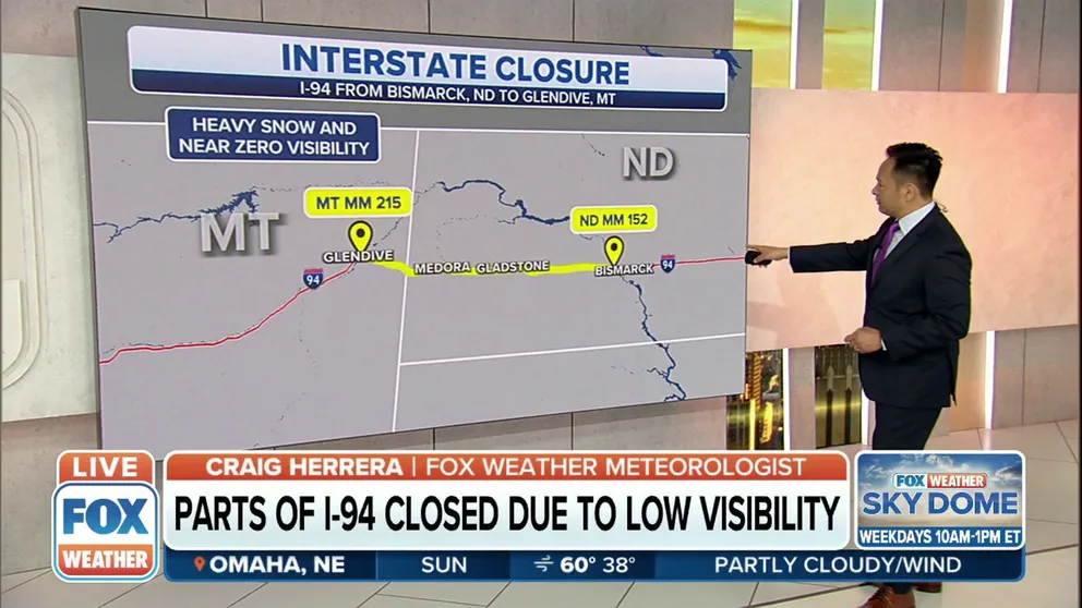 Blizzard conditions have closed I-94 from Glendive, Montana, to Bismarck, North Dakota. 