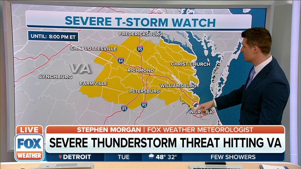 A Severe Thunderstorm Watch has been issued for parts of Virginia until 8 p.m. ET. 