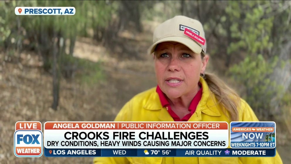 Public information officer Angela Goldman tells FOX Weather multimedia journalist Robert Ray that until ‘boots on the ground’ can enter the challenging terrain, the blaze won’t be stopped. 