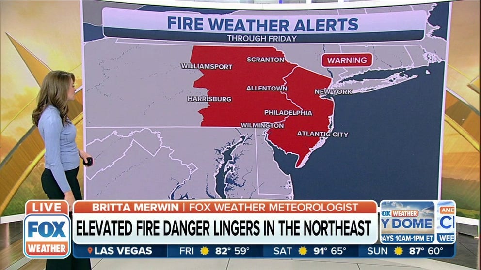 There is an elevated fire weather risk for parts of the Northeast states, including Philadelphia and New York City, where gusty winds and low humidity could fuel any fires in wooded areas. 