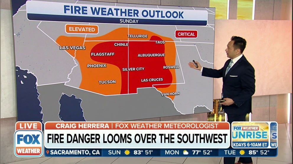 The threat for wildfires will be at elevated and critical levels across the Southwest on Sunday.