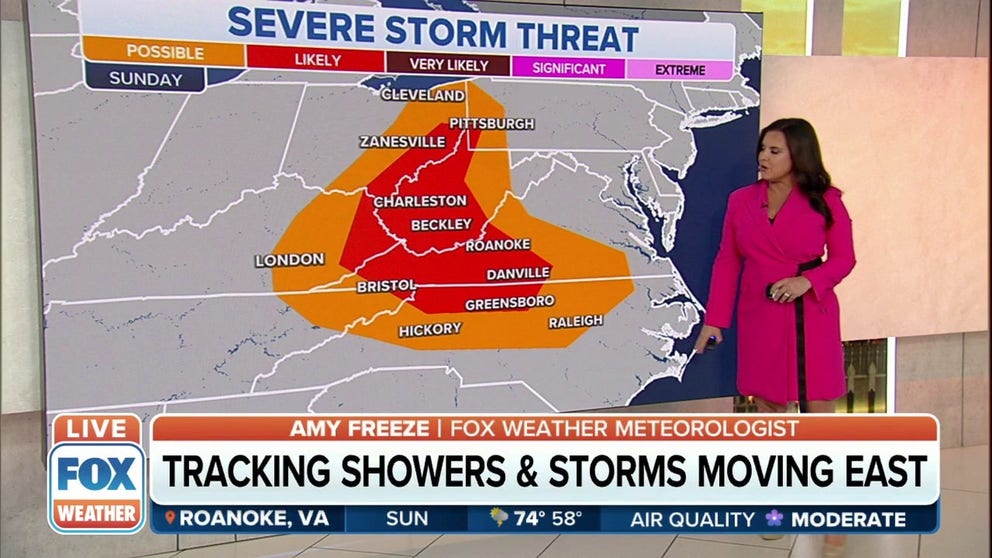 The severe weather threat has shifted east and takes aim at the Ohio Valley on Sunday.