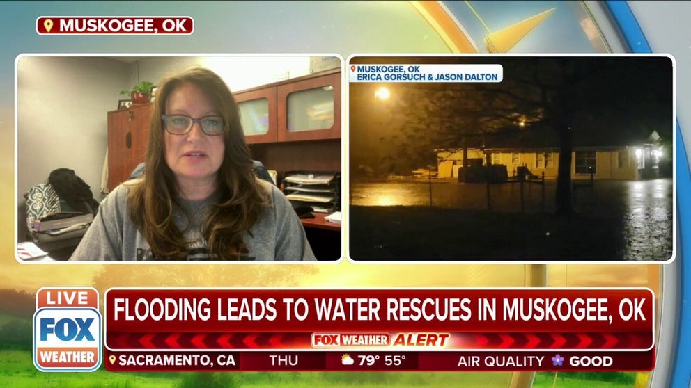 Lynn Hamlin, Public Information Officer for the Muskogee Police Department, gives an update on the water rescues taking place in the area. 
