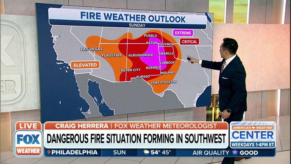 Areas of the Southwest and Plains will see extremely critical fire weather conditions on Sunday.