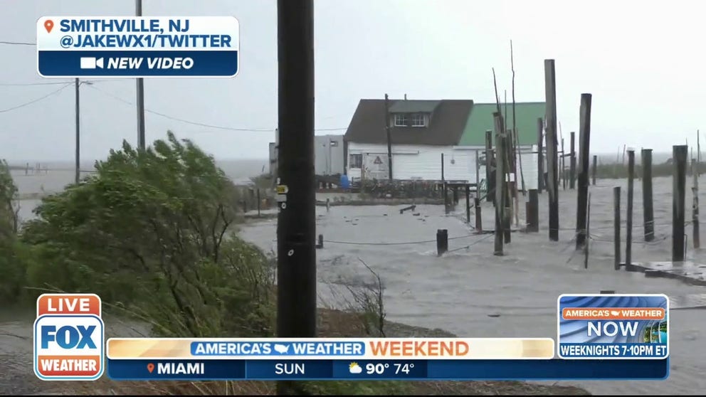 Flooding has been reported in Smithfield, New Jersey, as a low pressure system continues to spin off the coast in the Atlantic Ocean.