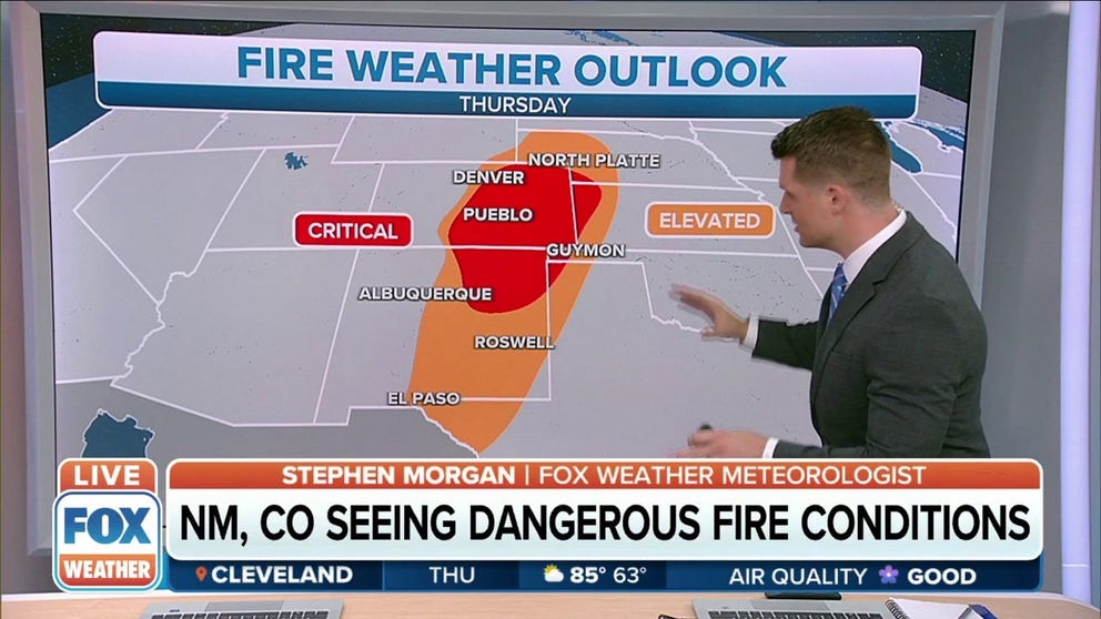 Critical fire threat continues for New Mexico and Colorado through Thursday due to gusty winds and dry air. 