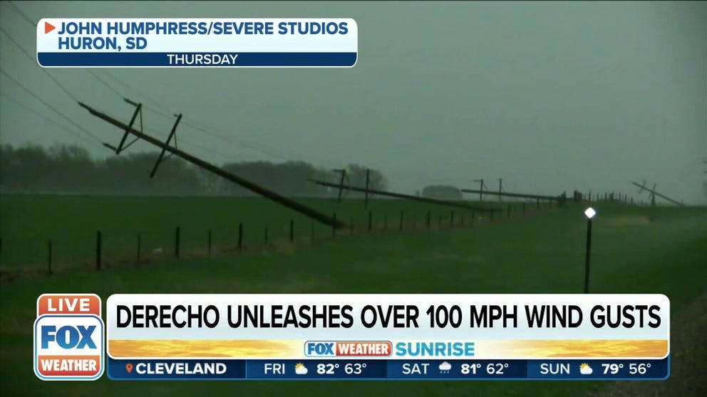 A powerful storm system called a derecho moving through the northern Plains Thursday produced the second-highest number of hurricane-force wind gusts on record since 2004. 