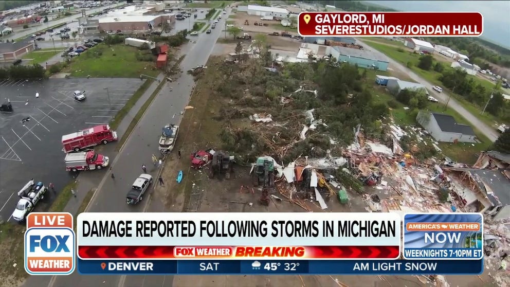 Damage is seen after a tornado tore through the town of Gaylord, Michigan on Friday leaving a path of destruction and thousands without power. 