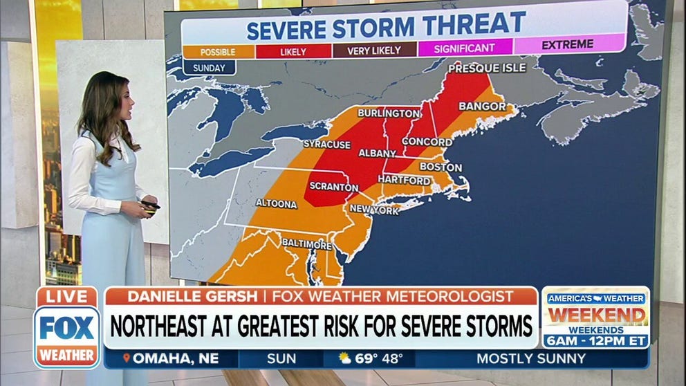 Severe thunderstorms are possible across the Northeast and New England on Sunday.