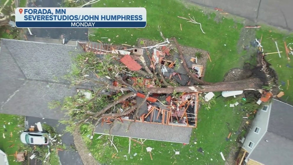 Aerial video by Severe Studios revealed the extent of the damage left behind by the string of severe storms. One view showed a small SUV inside the remanent of a home in Forada with widespread debris surrounding the scene.