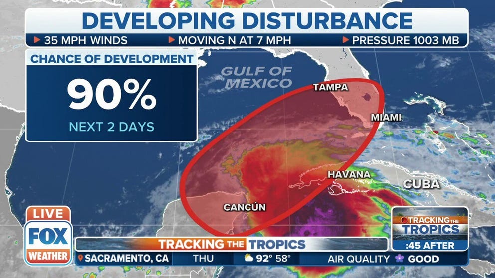 The National Hurricane Center says there is now a 90 percent chance of a disturbance turning into a tropical system. 