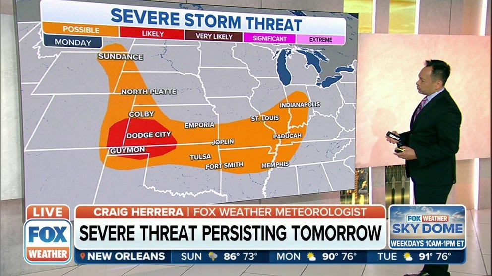 More severe weather is possible from the Rockies to the Ohio and Tennessee Valleys on Monday.