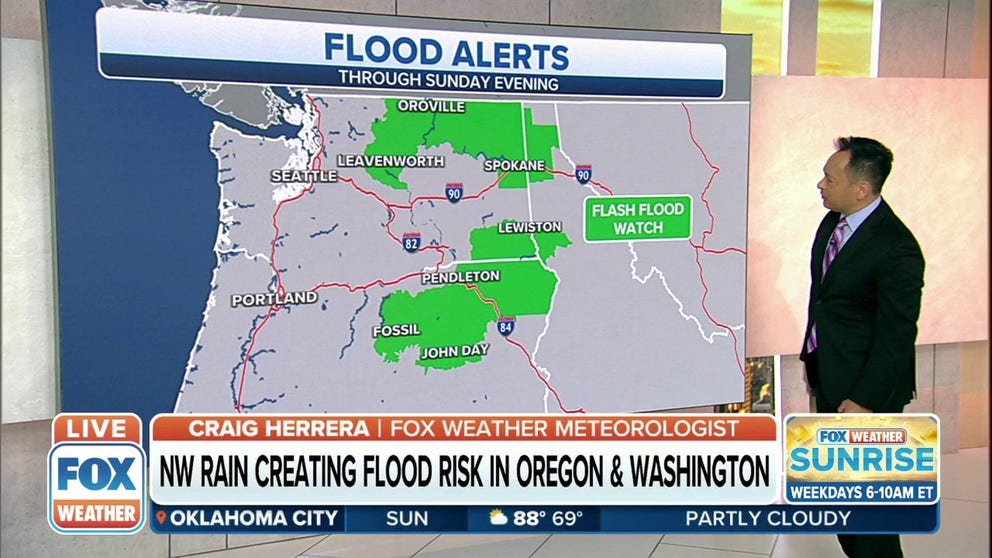 Flash Flood Watches are in effect across parts of the Pacific Northwest in advance of heavy rain and thunderstorms in the region on Sunday.