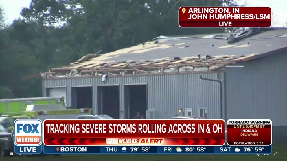 John Humphress of Live Storms Media shares images with FOX Weather of storm damage in Arlington, Indiana 