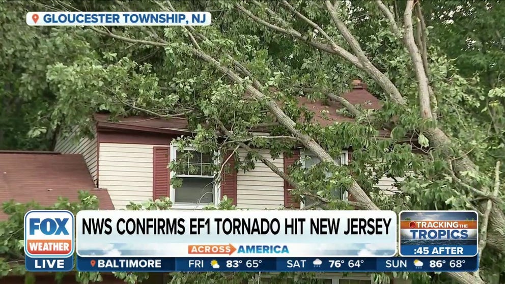 The National Weather Service confirms an EF-1 tornado hit Gloucester Township, New Jersey in the early morning hours on Thursday. 90 mile per hour winds toppled trees onto homes. 