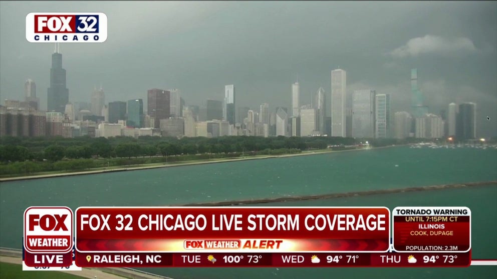 Camera video from FOX 32 Chicago shows an angry sky in Chicago, Illinois during a tornado-warned storm 