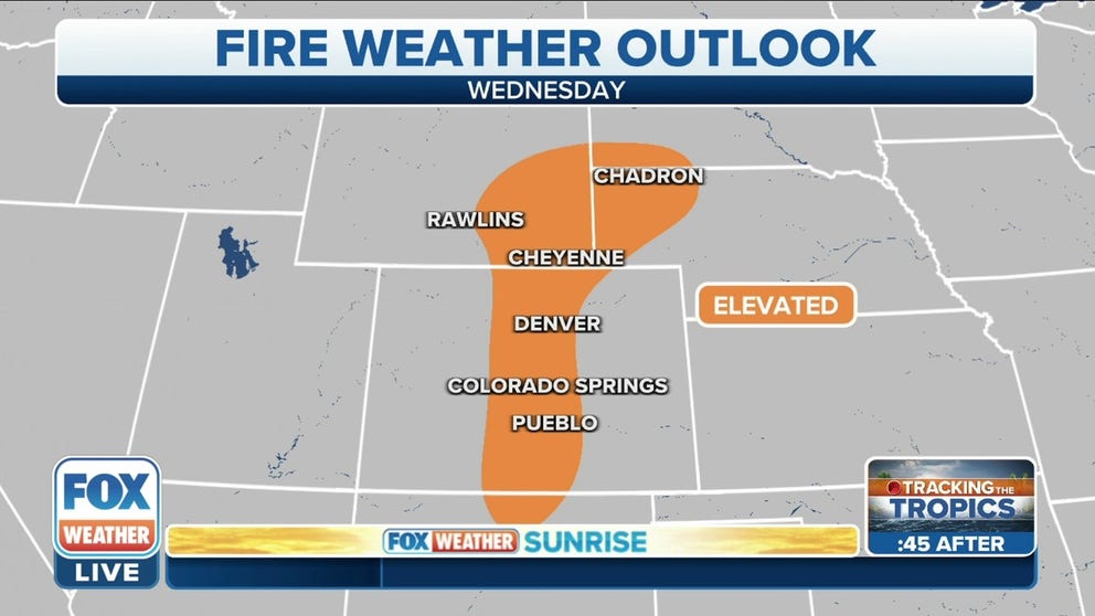 On Wednesday, an elevated fire weather risk will exist in the Central Rockies along the Colorado front range. 