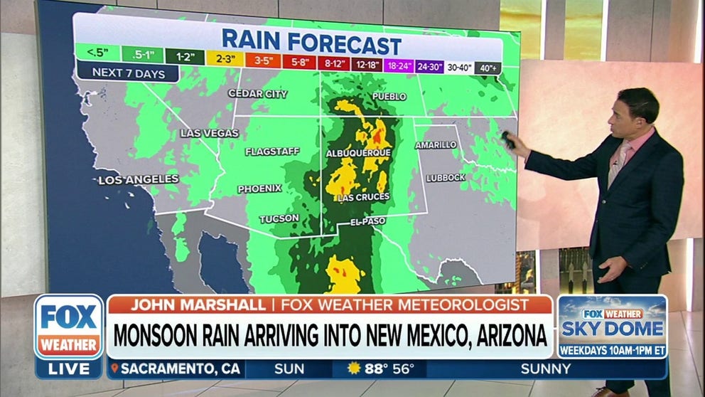 Flood Watches are in effect as monsoon rain arrives in the Southwest on Sunday.