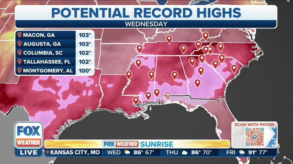 On Wednesday, dangerous heat index values will return to the Deep South, with values reaching as high as 110 degrees. 