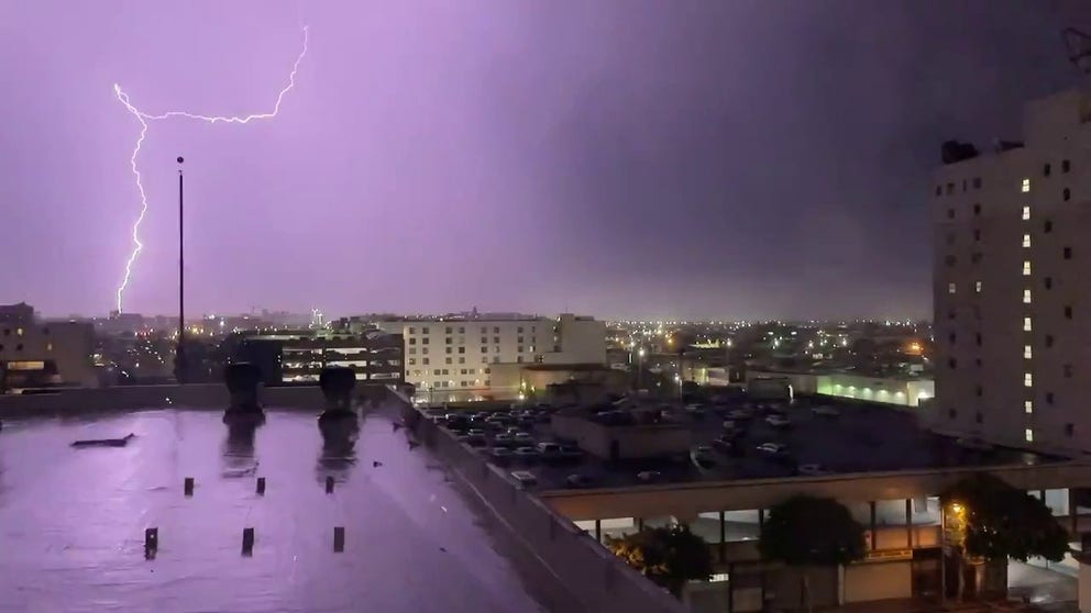 Lightning illuminates the night sky over Los Angeles, California. (Video: @Craig_Law/Twitter)