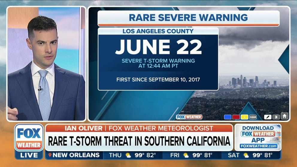 First Severe Thunderstorm Warning issued in Los Angeles County since September 10, 2017. Severe storms bring the risk of damaging wind gusts to California.   