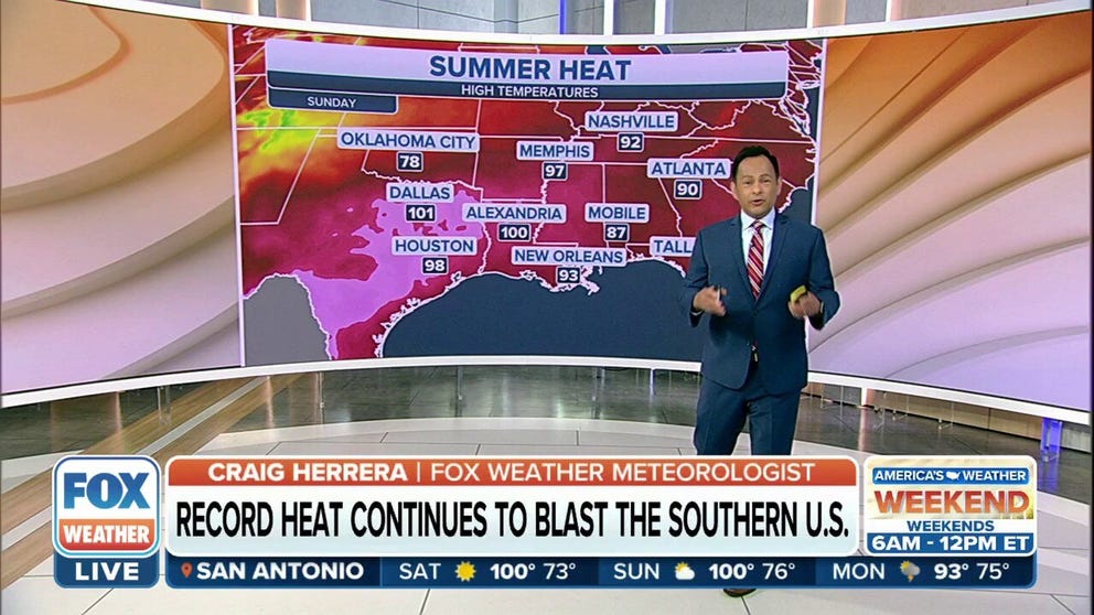 Dangerous heat will remain a concern over much of the South through this weekend. High temperatures will soar into the upper 90s and low 100s from the southern Plains to the eastern Gulf Coast.