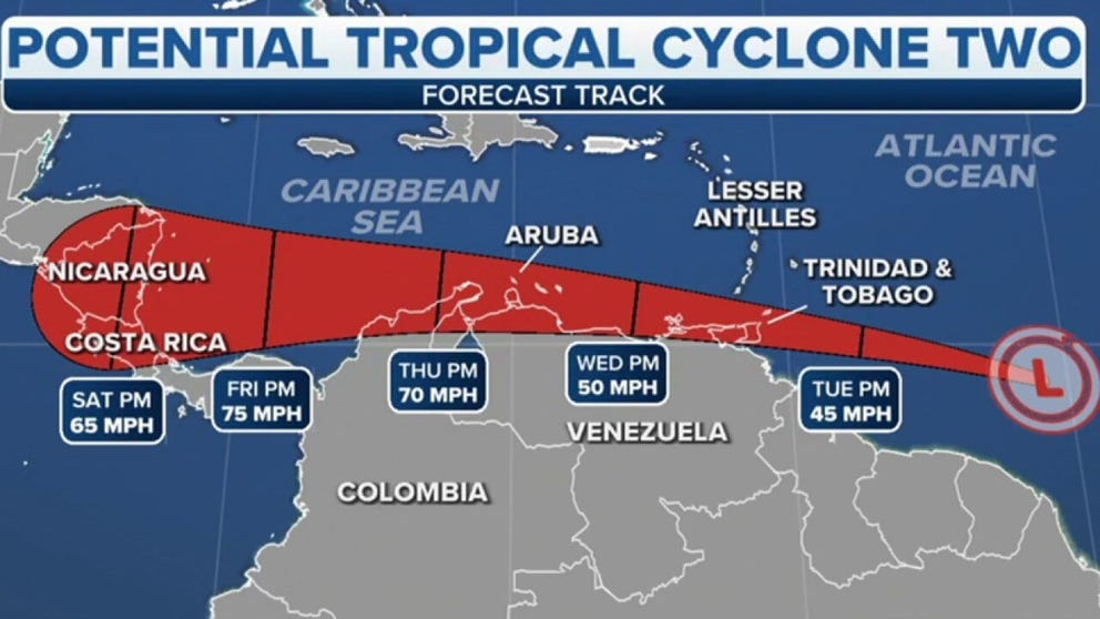 Potential Tropical Cyclone Two with winds at 40 miles per hour as it heads further into the western Atlantic. The National Hurricane Weather Center calls for PTC 2 to increase to a tropical storm by Wednesday morning. 