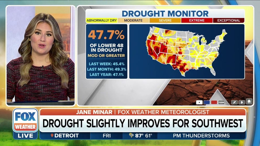 The latest U.S. Drought Monitor shows improvement for some southwestern states but drier conditions across the eastern half of the country.