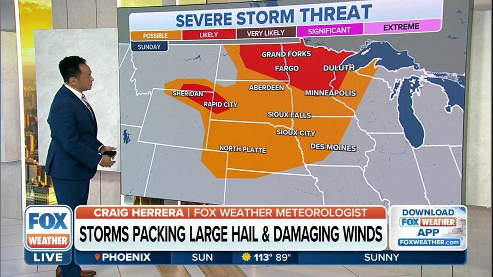 Storms have the potential to produce large hail, damaging wind gusts and tornadoes.