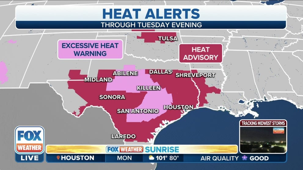 Oppressive to dangerous heat and humidity is expected to continue in the southern Plains into the Lower Mississippi Valley to start the workweek. 
