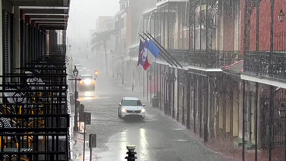 Tropical downpour caused minor street flooding along the French Quarter in New Orleans on July 12, 2022. (FOX Weather Video)