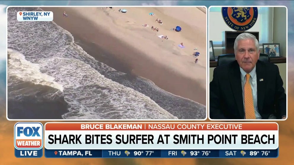 Nassau County Executive Bruce Blakeman on how beachgoers can avoid shark attacks after a surfer was bitten at Smith Point Beach. 