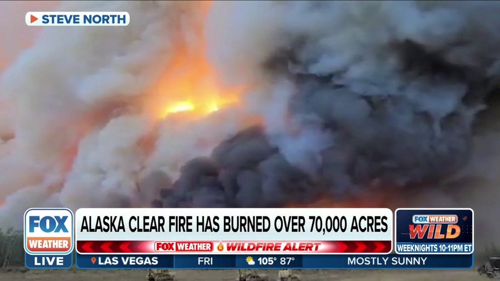 Alaska’s Clear Fire burns more than 70,000 acres. Fire crews working on the blaze near Anderson, Alaska say rain has moderated the fire weather and allowed for progress. 