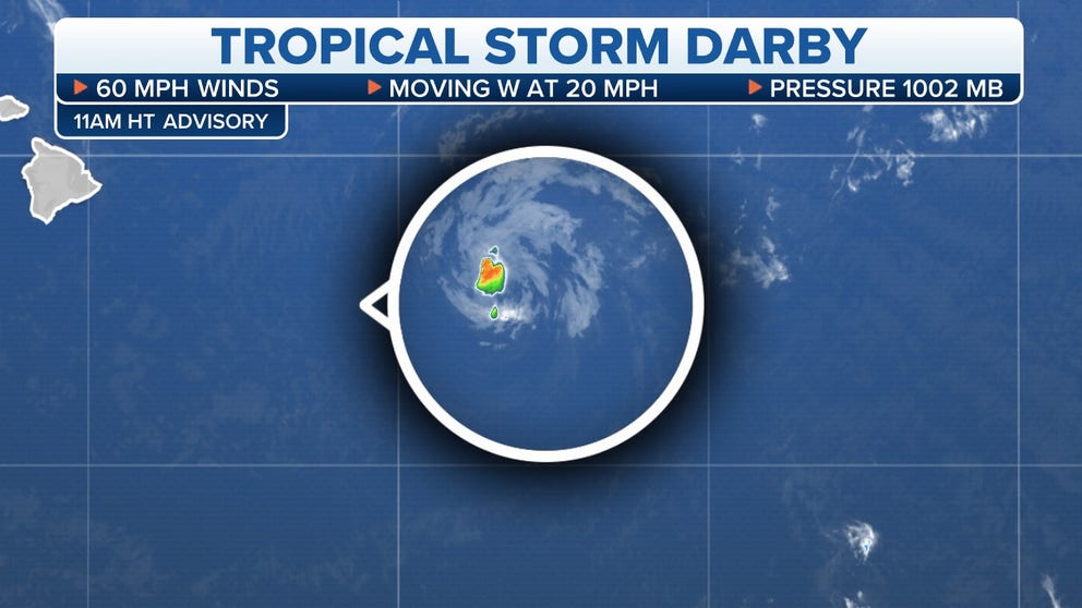 Satellite animation of Darby from a major hurricane into a tropical storm in the Pacific Ocean.