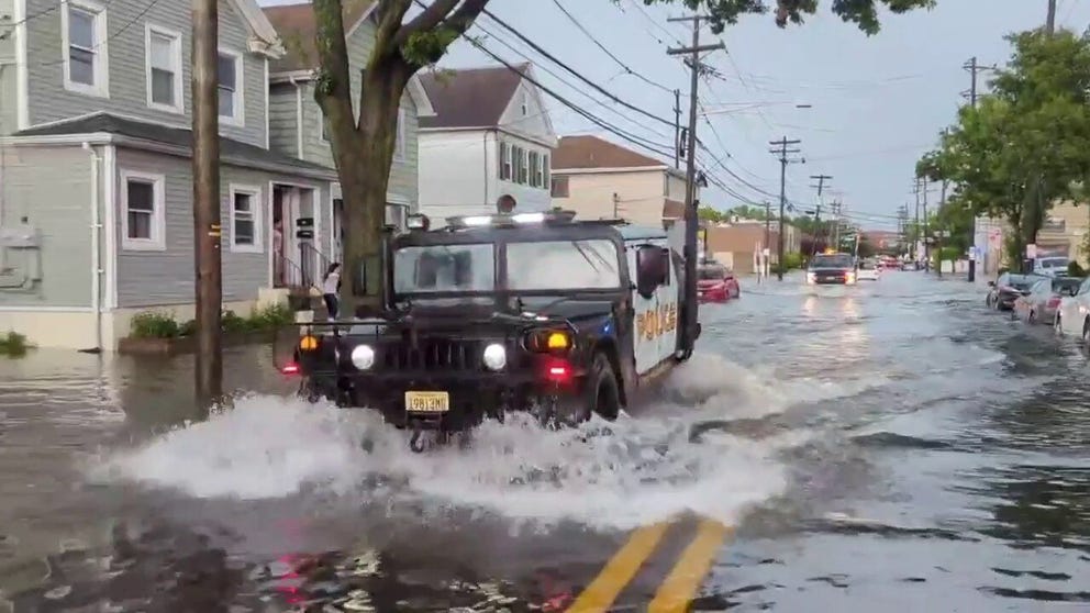 The Hackensack Fire Department shows major flooding in the streets of Hackensack, New Jersey on Monday after storms moved through the area. 