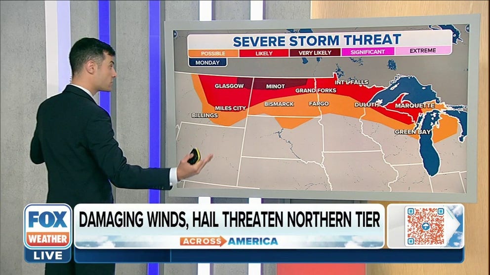 Severe storms target the Northern Tier and have the potential to produce wind gusts up around 75 miles per hour. Hail may be greater than 2 inches in diameter. 