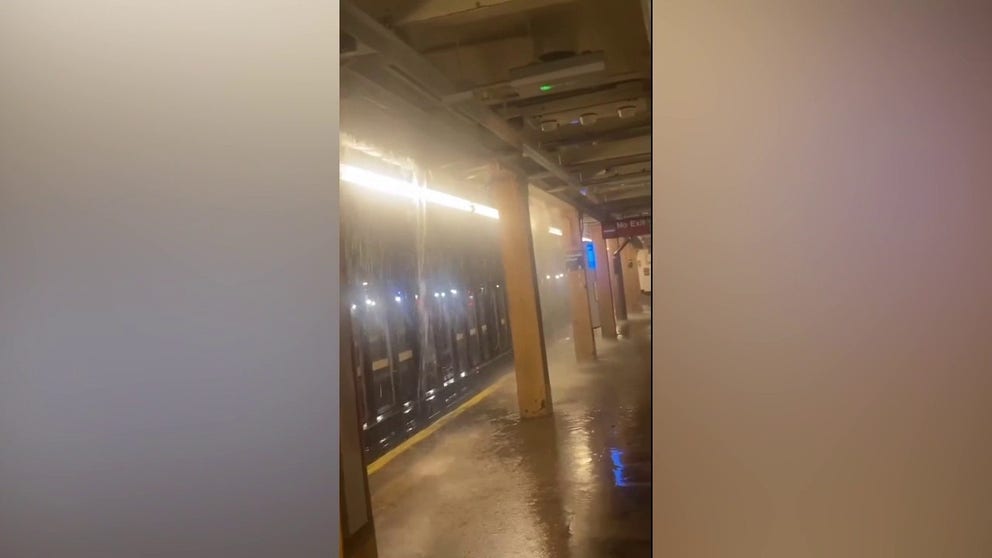 A rider caught waterfalls and floods in a New York subway station.