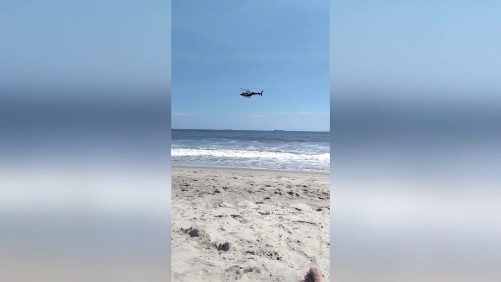 Video shows an NYPD helicopter patrolling an area of Rockaway Beach, New York after sharks were spotted offshore. Swimming has been suspended until further notice. 