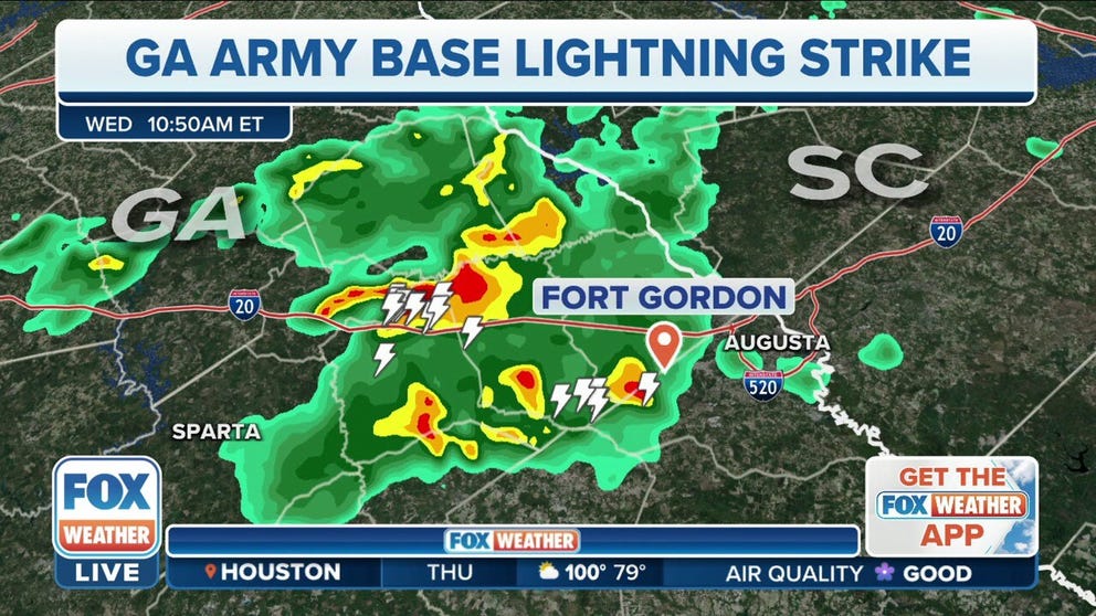 1 soldier was killed and 9 were injured when a lightning strike hit a military base Fort Gordon in Georgia.
