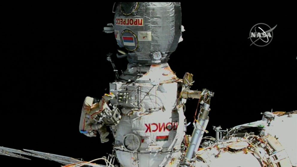 Two astronauts are working in the vacuum of space continuing preparation on the European Robotic Arm outside the Russian lab. 