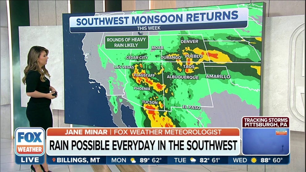 An increase in moisture across the Desert Southwest will mean some areas will see the rainiest days of the monsoon season yet, with several chances of rain through the next week.