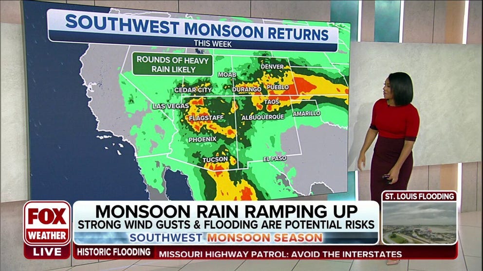 Strong winds and flooding are a concern in the Southwest as monsoon rain activity picks up this week. FOX Weather meteorologist Kiyana Lewis has the latest.