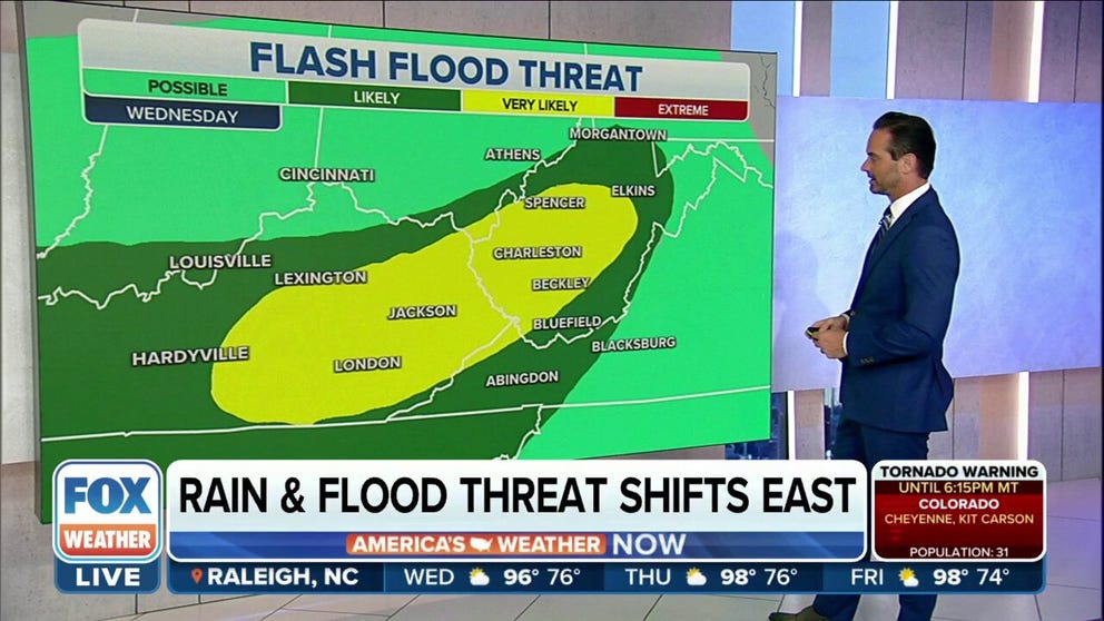 Flash flooding will be very likely for parts of the Appalachia on Wednesday. Severe storms are possible from the Ohio Valley to the mid-Atlantic.